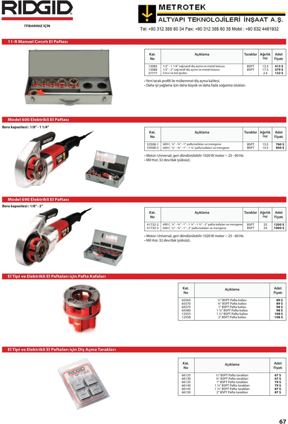 Model 0 Elektrikli El Paftası Boru kapasitesi : 1/8 1 1/ Taraklar 81 8 0 C ½" ¾" 1" pafta kafaları ve mengene 0 C ½" ¾" 1" 1 ¼" pafta kafaları ve mengene BSPT BSPT 1.5.