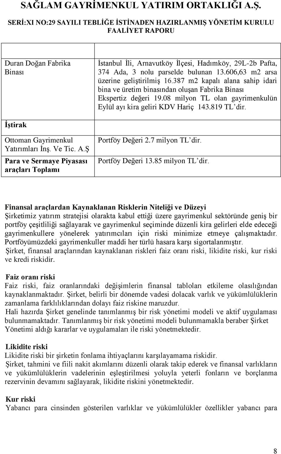 ĠĢtirak Ottoman Gayrimenkul Yatırımları ĠnĢ. Ve Tic. A.ġ Para ve Sermaye Piyasası araçları Toplamı Portföy Değeri 2.7 milyon TL dir. Portföy Değeri 13.85 milyon TL dir.