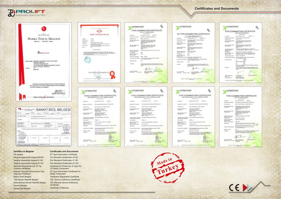 Conformity To Type For Lift Safety Component Asansör Güvenlik Ekipmanının Tipe Uygunluk Serti kası EC Type Examination Certi cate For Safety Component Marka Tescil Belgesi Trademark Registration