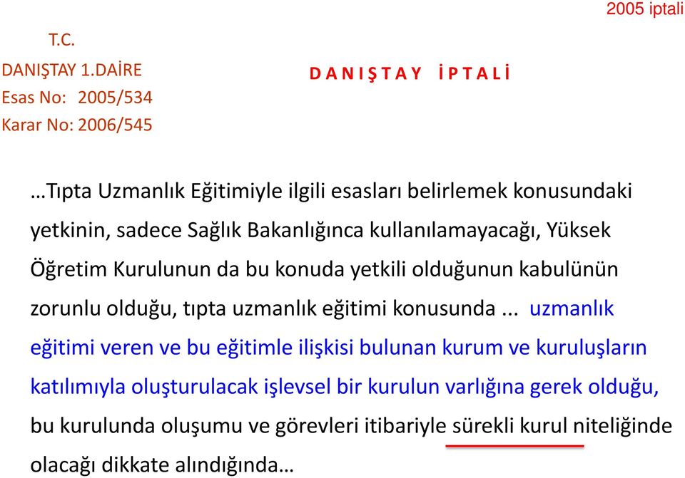 sadece Sağlık Bakanlığınca kullanılamayacağı, Yüksek Öğretim Kurulunun da bu konuda yetkili olduğunun kabulünün zorunlu olduğu, tıpta uzmanlık