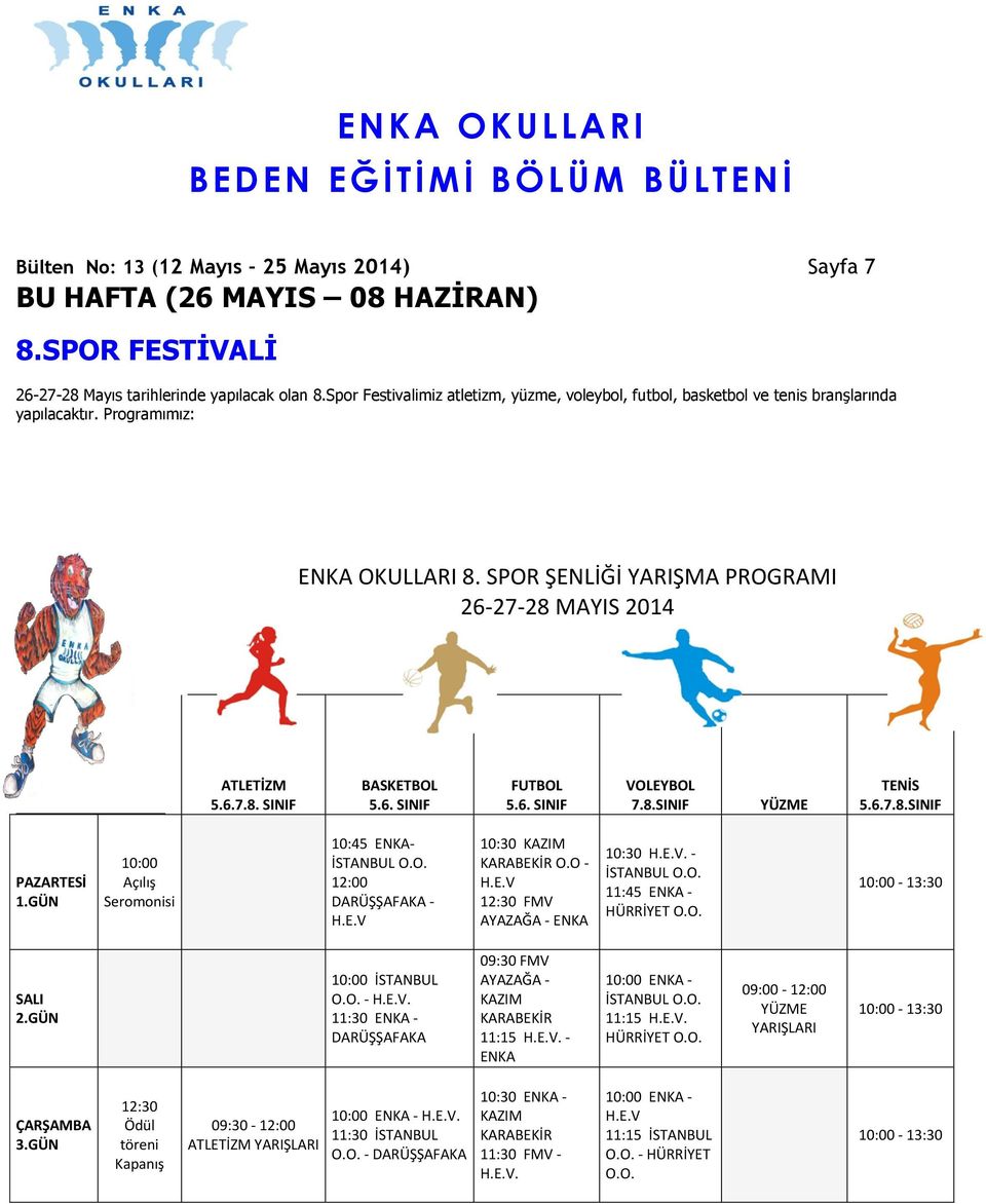 6. SINIF FUTBOL 5.6. SINIF VOLEYBOL 7.8.SINIF YÜZME TENİS 5.6.7.8.SINIF PAZARTESİ 1.GÜN 10:00 Açılış Seromonisi 10:45 - İSTANBUL O.O. 12:00 DARÜŞŞAFAKA - H.E.V 10:30 KAZIM KARABEKİR O.O - H.E.V 12:30 FMV AYAZAĞA - 10:30 H.