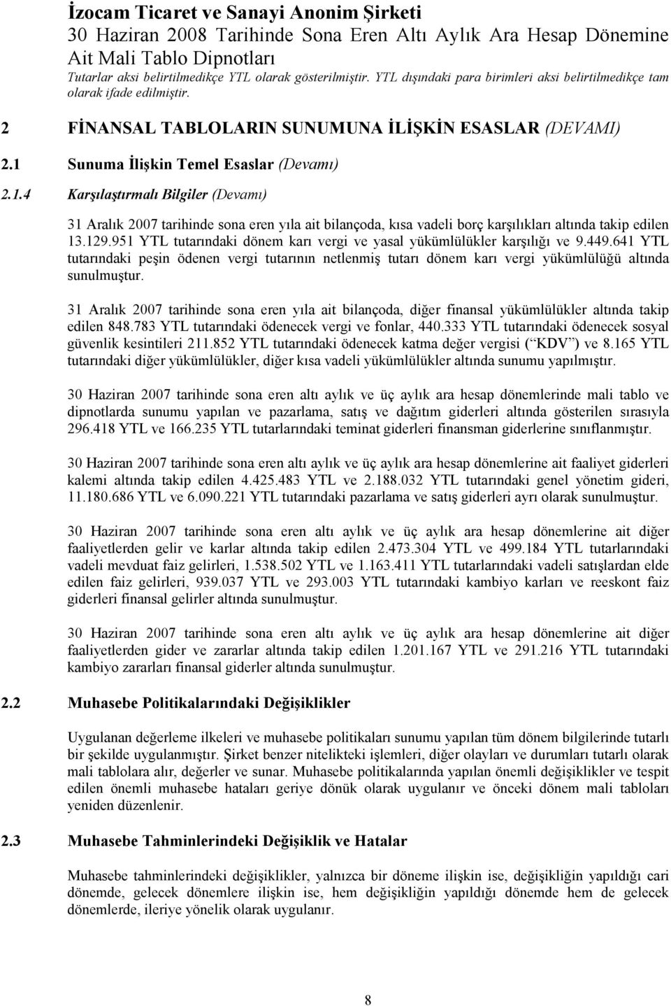 31 Aralık 2007 yıla ait bilançoda, diğer finansal yükümlülükler altında takip edilen 848.783 YTL tutarındaki ödenecek vergi ve fonlar, 440.333 YTL tutarındaki ödenecek sosyal güvenlik kesintileri 211.