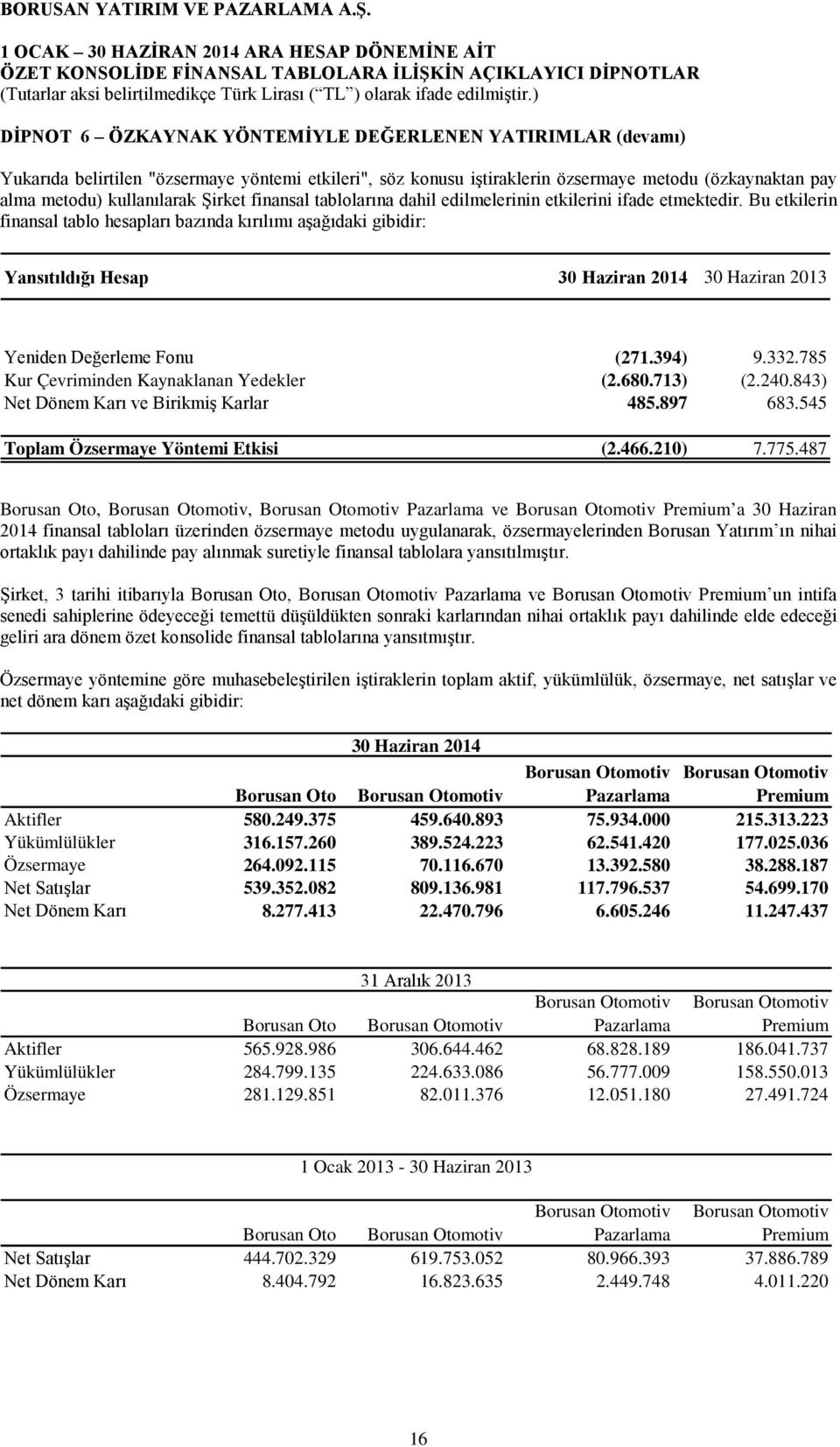 Bu etkilerin finansal tablo hesapları bazında kırılımı aşağıdaki gibidir: Yansıtıldığı Hesap 30 Haziran 2014 30 Haziran 2013 Yeniden Değerleme Fonu (271.394) 9.332.