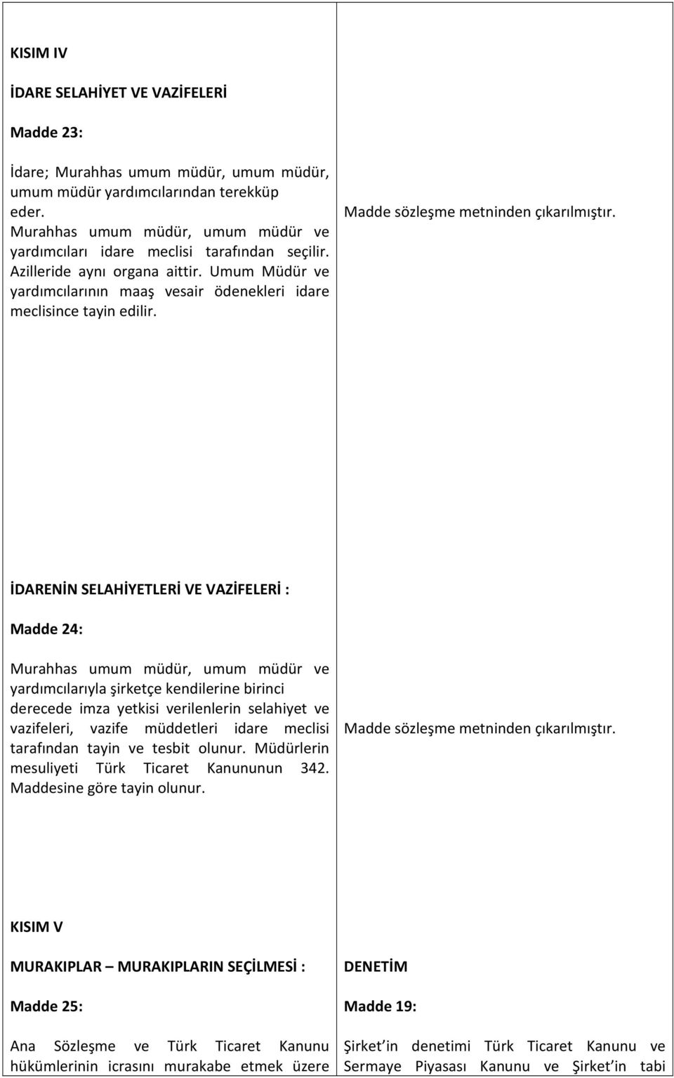 İDARENİN SELAHİYETLERİ VE VAZİFELERİ : Madde 24: Murahhas umum müdür, umum müdür ve yardımcılarıyla şirketçe kendilerine birinci derecede imza yetkisi verilenlerin selahiyet ve vazifeleri, vazife