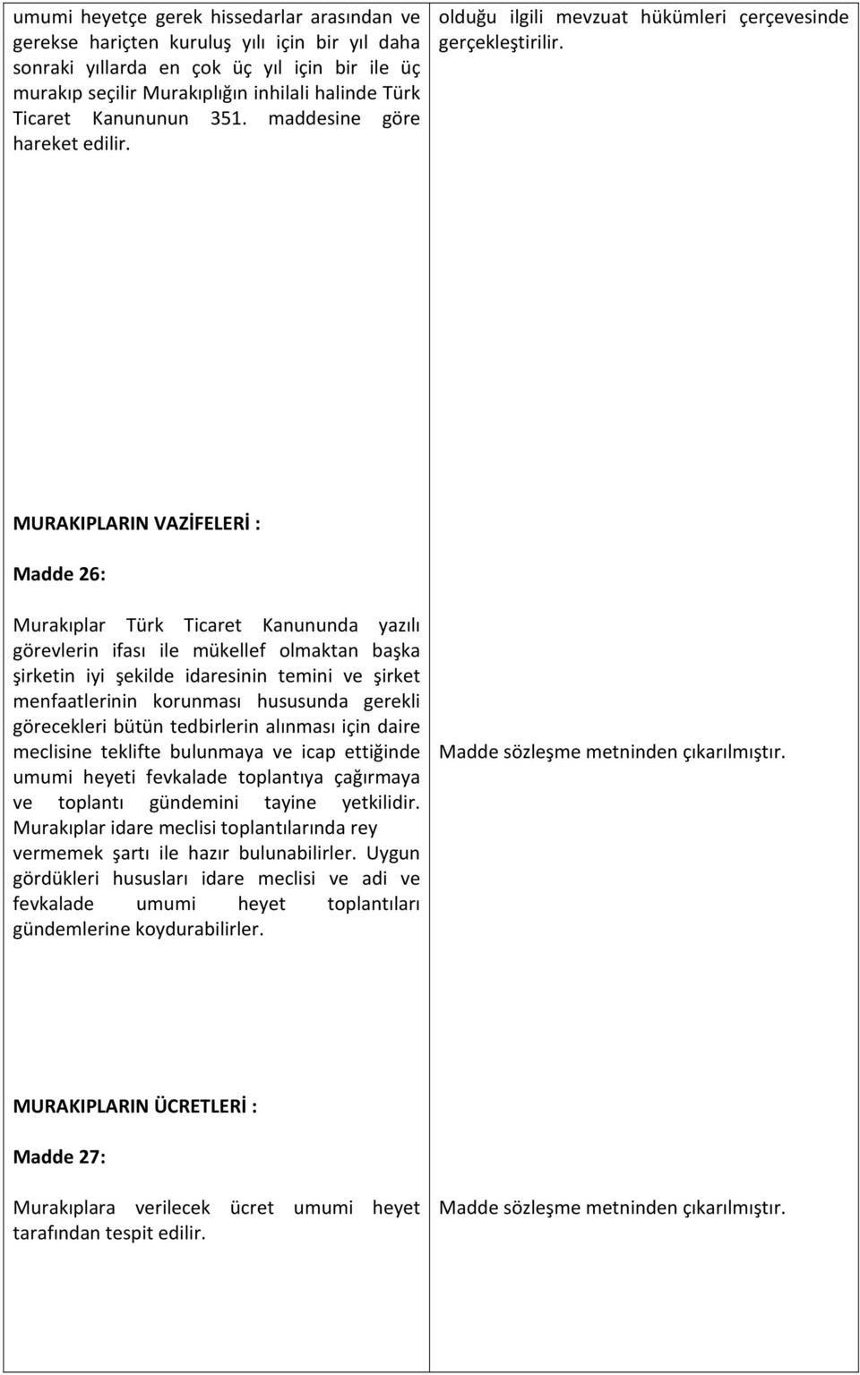 MURAKIPLARIN VAZİFELERİ : Madde 26: Murakıplar Türk Ticaret Kanununda yazılı görevlerin ifası ile mükellef olmaktan başka şirketin iyi şekilde idaresinin temini ve şirket menfaatlerinin korunması