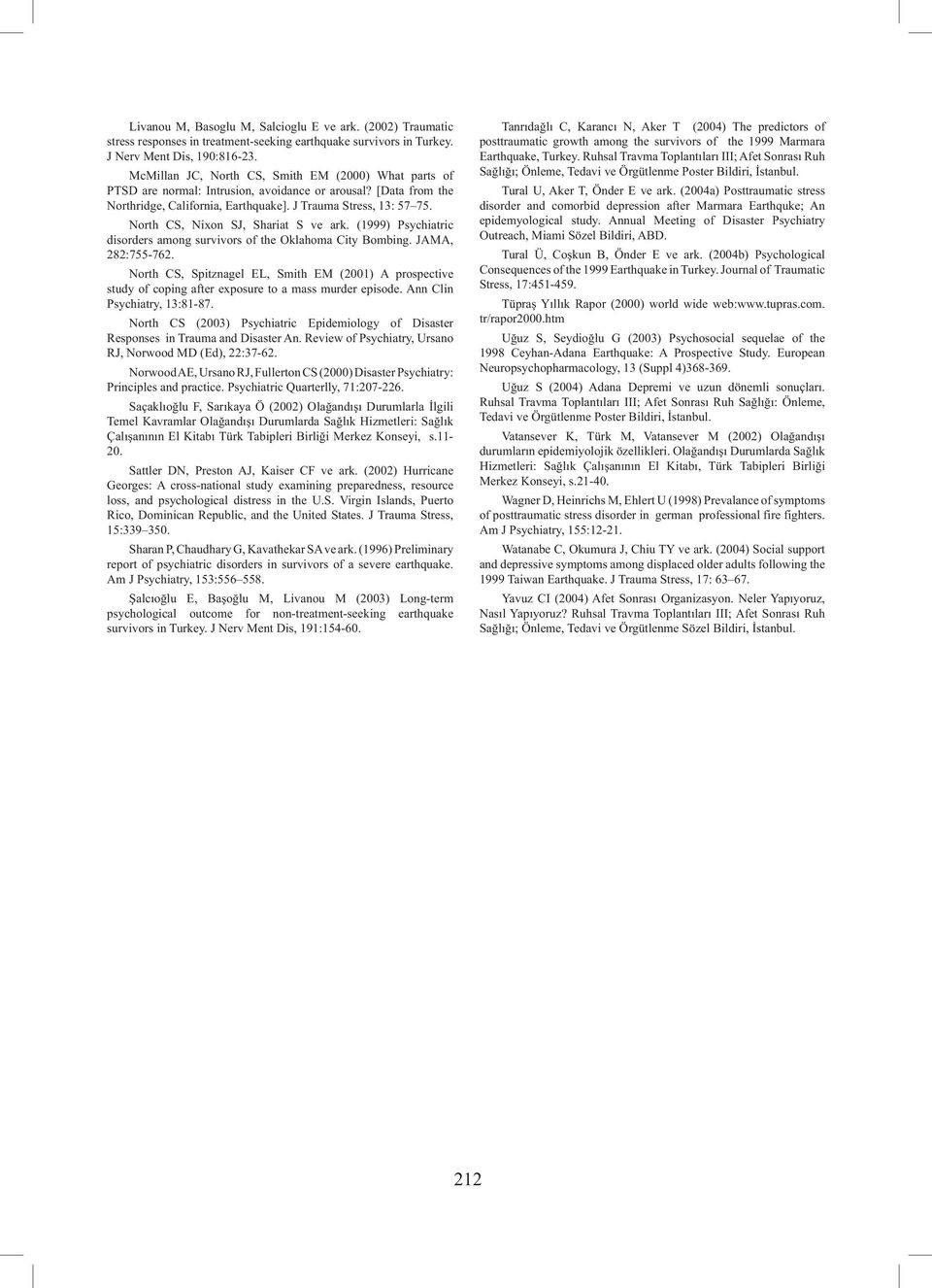 North CS, Nixon SJ, Shariat S ve ark. (1999) Psychiatric disorders among survivors of the Oklahoma City Bombing. JAMA, 282:755-762.