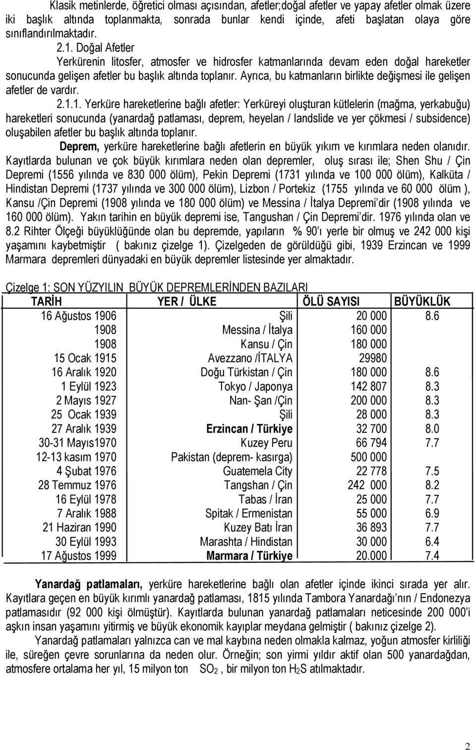 Ayrıca, bu katmanların birlikte değişmesi ile gelişen afetler de vardır. 2.1.