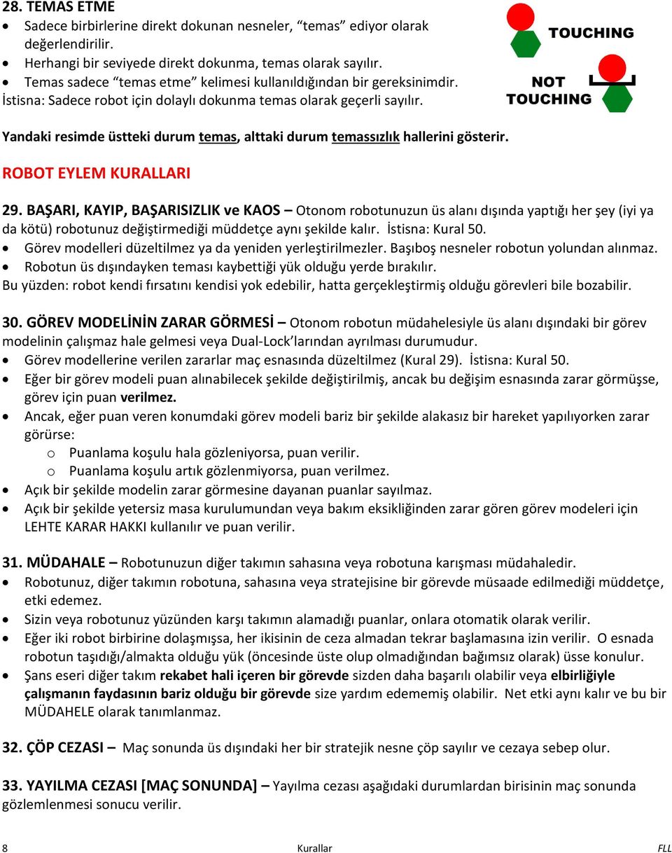 Yandaki resimde üstteki durum temas, alttaki durum te assızlık hallerini gösterir. ROBOT EYLEM KURALLARI 29.