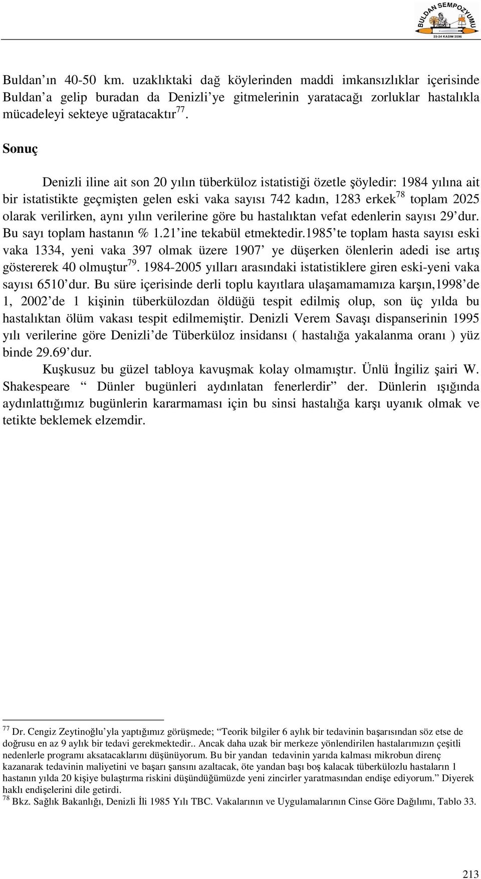 aynı yılın verilerine göre bu hastalıktan vefat edenlerin sayısı 29 dur. Bu sayı toplam hastanın % 1.21 ine tekabül etmektedir.