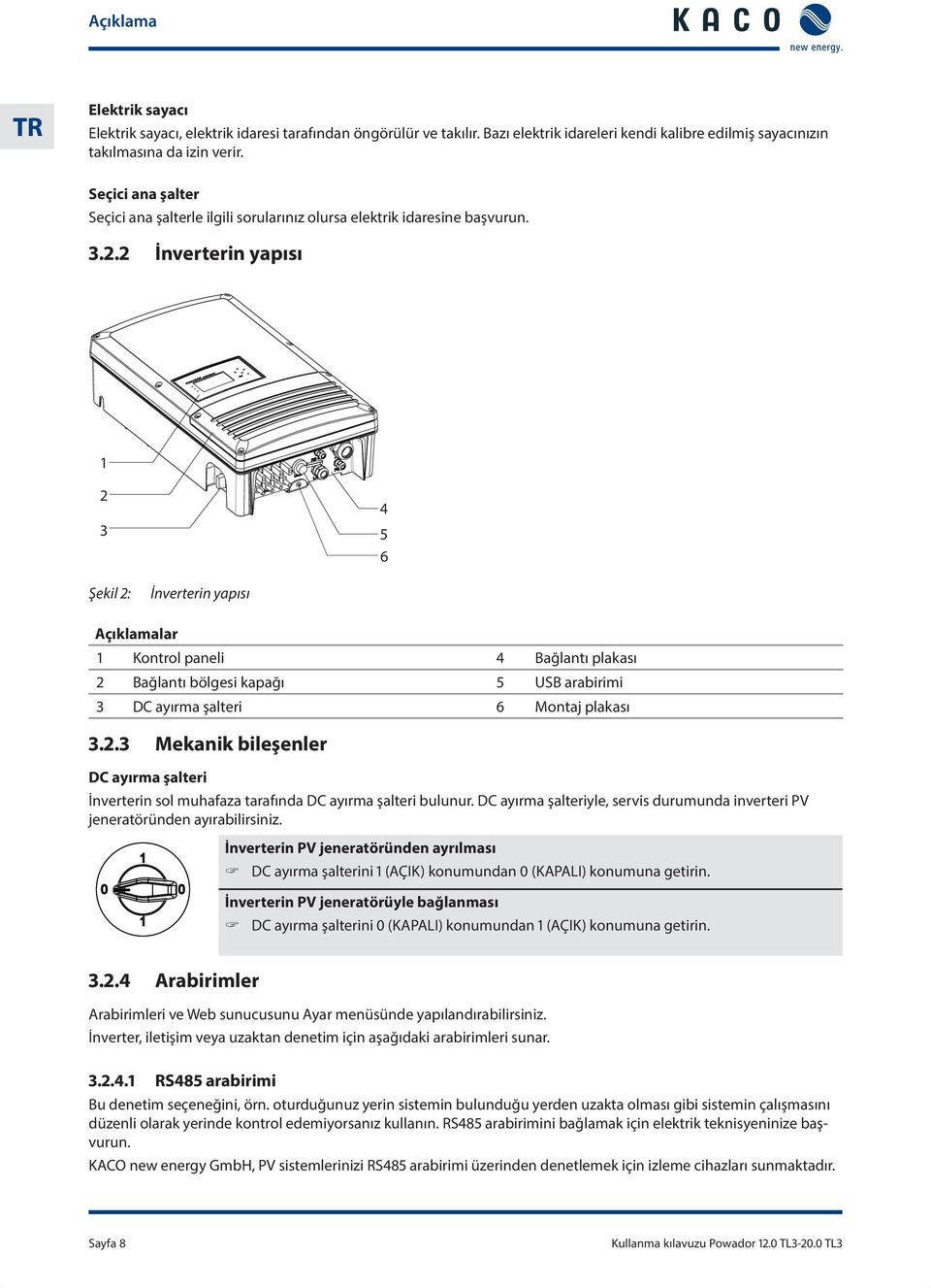 2 İnverterin yapısı 1 2 3 4 5 6 Şekil 2: İnverterin yapısı Açıklamalar 1 Kontrol paneli 4 Bağlantı plakası 2 Bağlantı bölgesi kapağı 5 USB arabirimi 3 DC ayırma şalteri 6 Montaj plakası 3.2.3 Mekanik bileşenler DC ayırma şalteri İnverterin sol muhafaza tarafında DC ayırma şalteri bulunur.