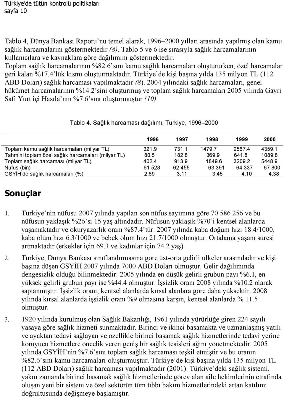 6 sını kamu sağlık harcamaları oluştururken, özel harcamalar geri kalan %17.4 lük kısmı oluşturmaktadır. Türkiye de kişi başına yılda 135 milyon TL (112 ABD Doları) sağlık harcaması yapılmaktadır (8).