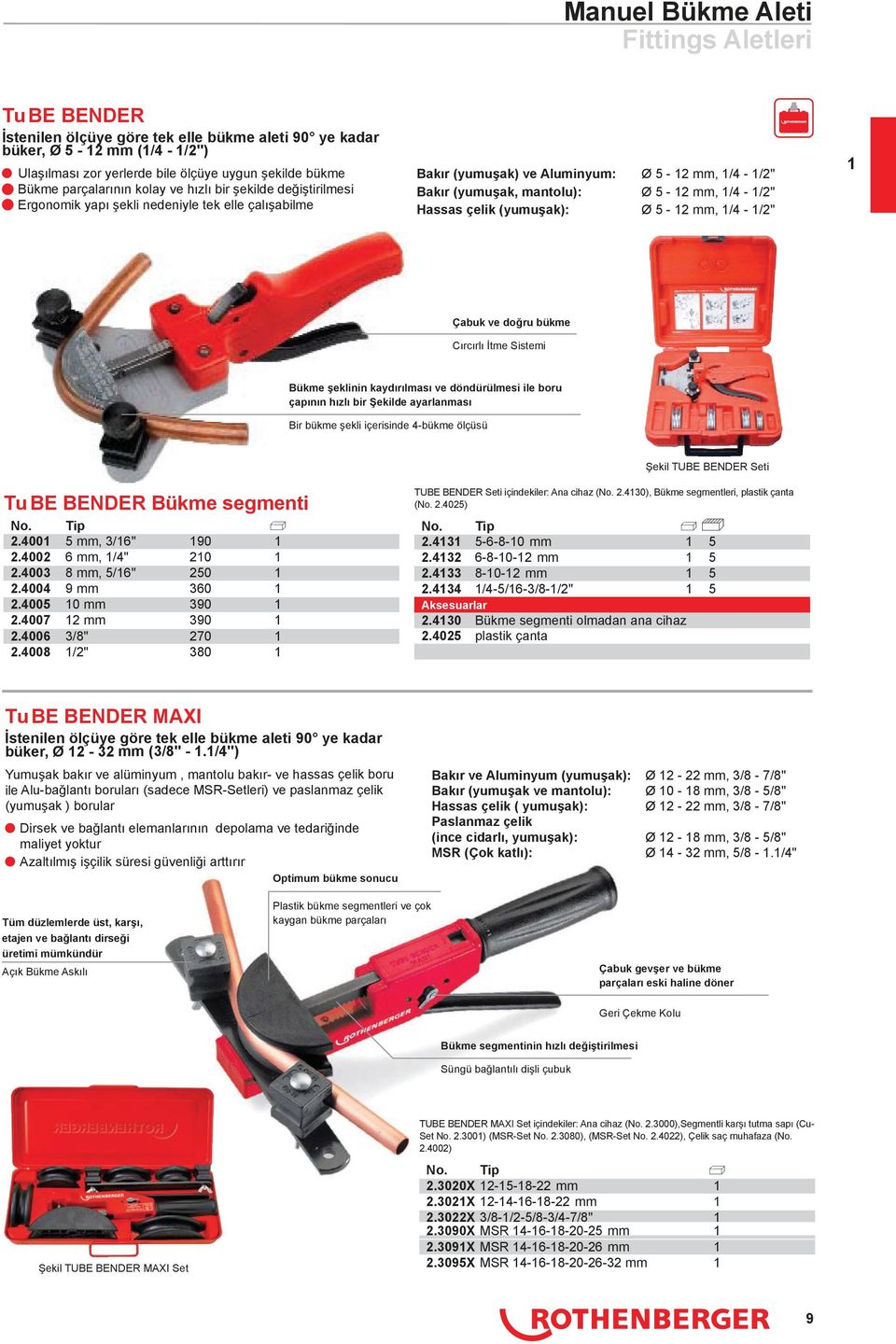 ak): Ø 5-2 mm, /4 - /2" Çabuk ve do ru bükme Cırcırlı tme Sistemi Bükme eklinin kaydırılması ve döndürülmesi ile boru çapının hızlı bir ekilde ayarlanması Bir bükme ekli içerisinde 4-bükme ölçüsü