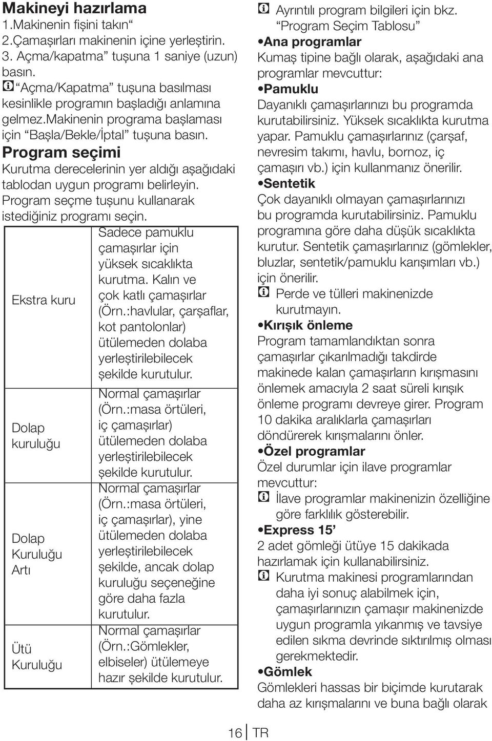 Program seçimi Kurutma derecelerinin yer aldığı aşağıdaki tablodan uygun programı belirleyin. Program seçme tuşunu kullanarak istediğiniz programı seçin.