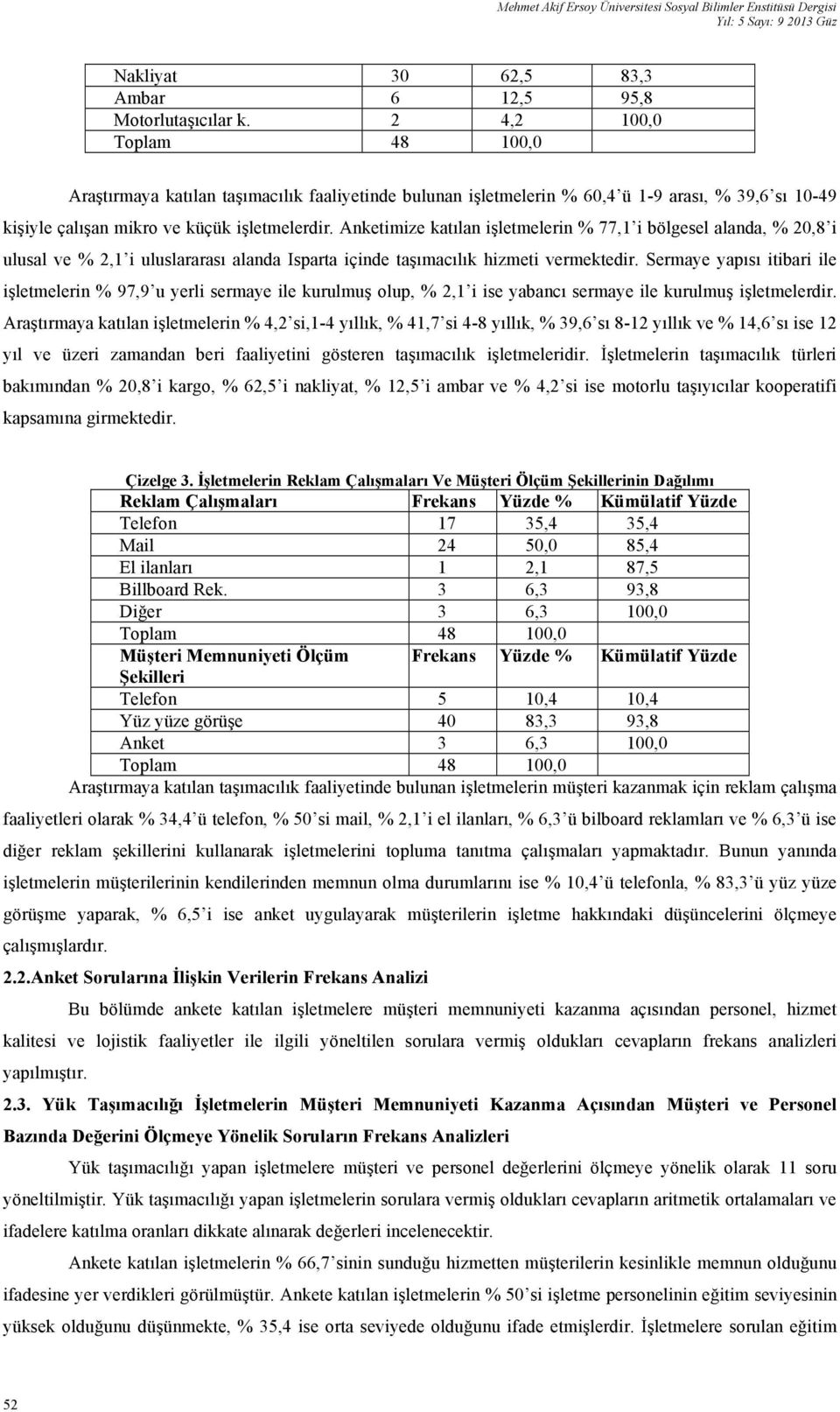 Anketimize katılan işletmelerin % 77,1 i bölgesel alanda, % 20,8 i ulusal ve % 2,1 i uluslararası alanda Isparta içinde taşımacılık hizmeti vermektedir.