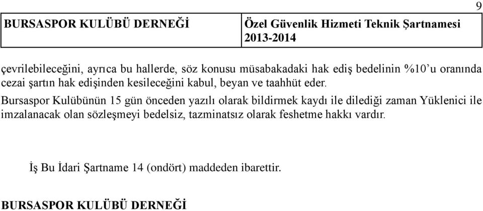 Bursaspor Kulübünün 15 gün önceden yazılı olarak bildirmek kaydı ile dilediği zaman Yüklenici ile