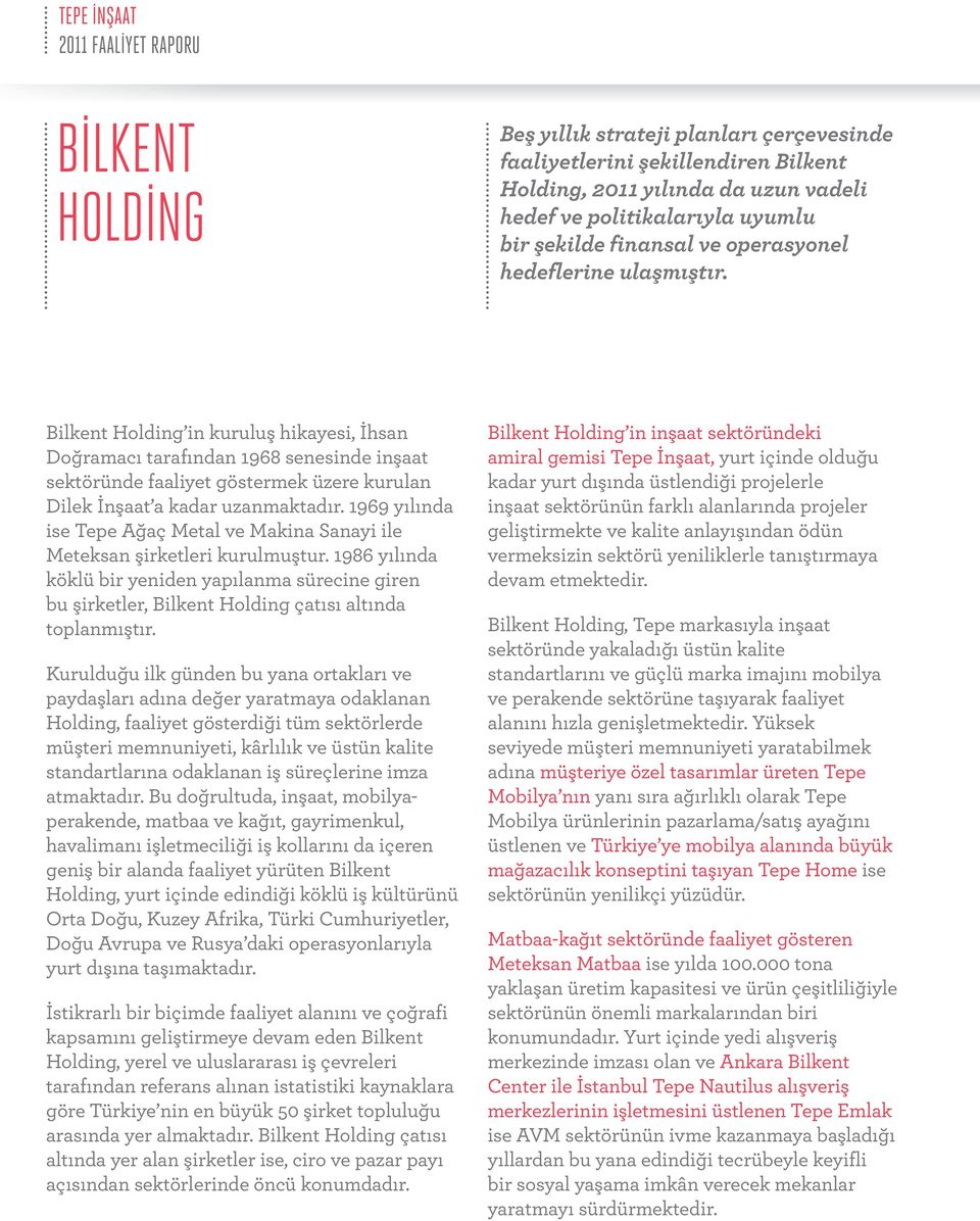 Bilkent Holding in kuruluş hikayesi, İhsan Doğramacı tarafından 1968 senesinde inşaat sektöründe faaliyet göstermek üzere kurulan Dilek İnşaat a kadar uzanmaktadır.