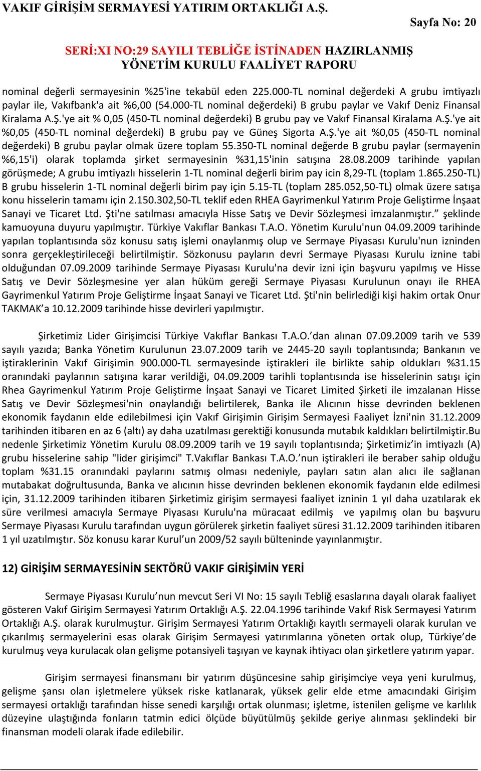 Ş.'ye ait %0,05 (450 TL nominal değerdeki) B grubu paylar olmak üzere toplam 55.350 TL nominal değerde B grubu paylar (sermayenin %6,15'i) olarak toplamda şirket sermayesinin %31,15'inin satışına 28.