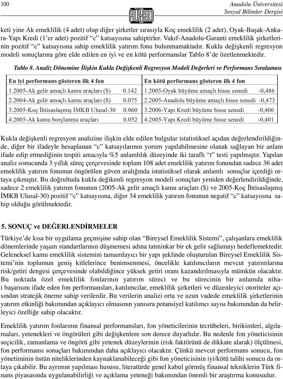 Kukla değişkenli regresyon modeli sonuçlarına göre elde edilen en iyi ve en kötü performanslar Tablo 8 