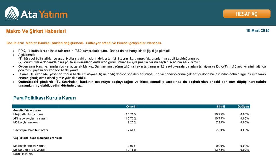 Açıklamada, (1) küresel belirsizlikler ve gıda fiyatlarındaki artışların dolayı temkinli tavrın korunarak faiz oranlarının sabit tutulduğunun ve (2) önümüzdeki dönemde para politikası kararların