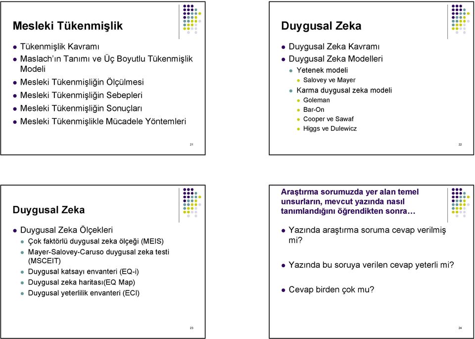 Dulewicz 21 22 Duygusal Zeka Duygusal Zeka Ölçekleri Çok faktörlü duygusal zeka ölçeği (MEIS) Mayer-Salovey-Caruso duygusal zeka testi (MSCEIT) Duygusal katsayı envanteri (EQ-i) Duygusal zeka