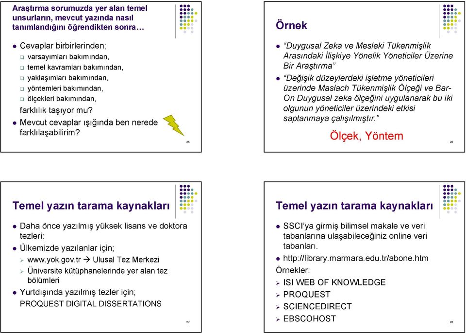 25 Örnek Duygusal Zeka ve Mesleki Tükenmişlik Arasındaki İlişkiye Yönelik Yöneticiler Üzerine Bir Araştırma Değişik düzeylerdeki işletme yöneticileri üzerinde Maslach Tükenmişlik Ölçeği ve Bar- On