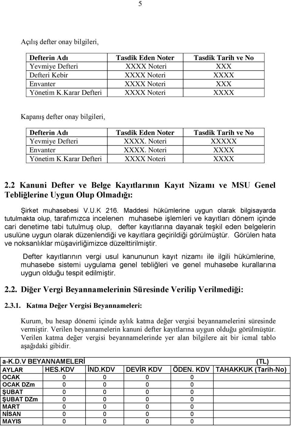 Karar Defteri XXXX Noteri XXXX 2.2 Kanuni Defter ve Belge Kayıtlarının Kayıt Nizamı ve MSU Genel Tebliğlerine Uygun Olup Olmadığı: Şirket muhasebesi V.U.K 216.