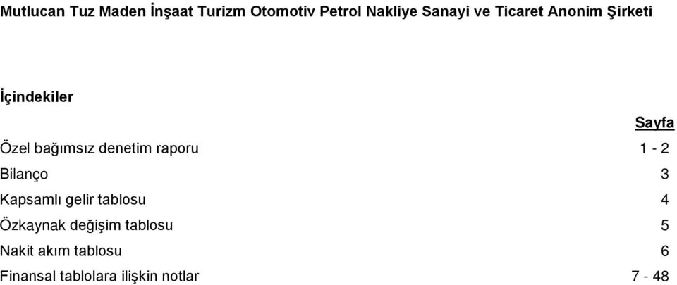 Bilanço 3 Kapsamlı gelir tablosu 4 Özkaynak değişim