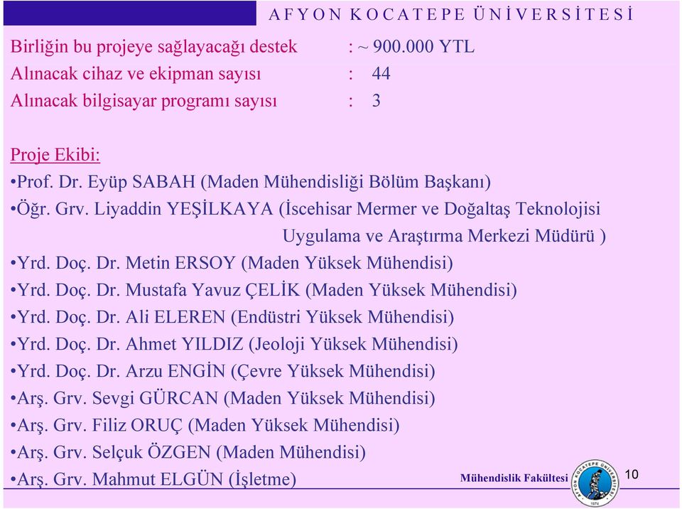 Metin ERSOY (Maden Yüksek Mühendisi) Yrd. Doç. Dr. Mustafa Yavuz ÇELİK (Maden Yüksek Mühendisi) Yrd. Doç. Dr. Ali ELEREN (Endüstri Yüksek Mühendisi) Yrd. Doç. Dr. Ahmet YILDIZ (Jeoloji Yüksek Mühendisi) Yrd.