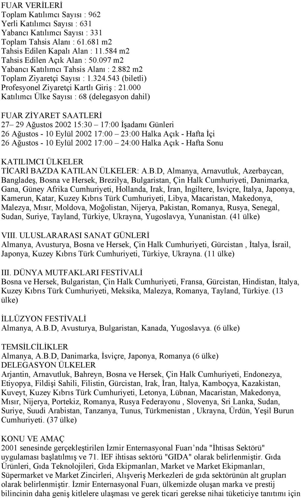 000 Katılımcı Ülke Sayısı : 68 (delegasyon dahil) FUAR ZİYARET SAATLERİ 27 29 Ağustos 2002 15:30 17:00 İşadamı Günleri 26 Ağustos - 10 Eylül 2002 17:00 23:00 Halka Açık - Hafta İçi 26 Ağustos - 10