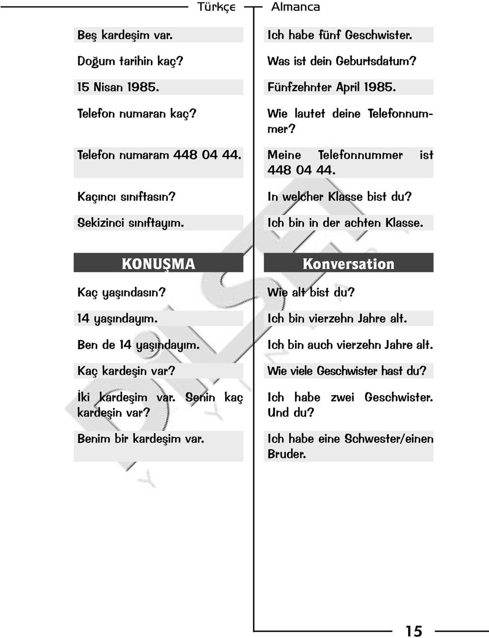 Ich bin in der achten Klasse. KONUÞMA Kaç yaþýndasýn? 14 yaþýndayým. Ben de 14 yaþýndayým. Kaç kardeþin var? Ýki kardeþim var. Senin kaç kardeþin var?