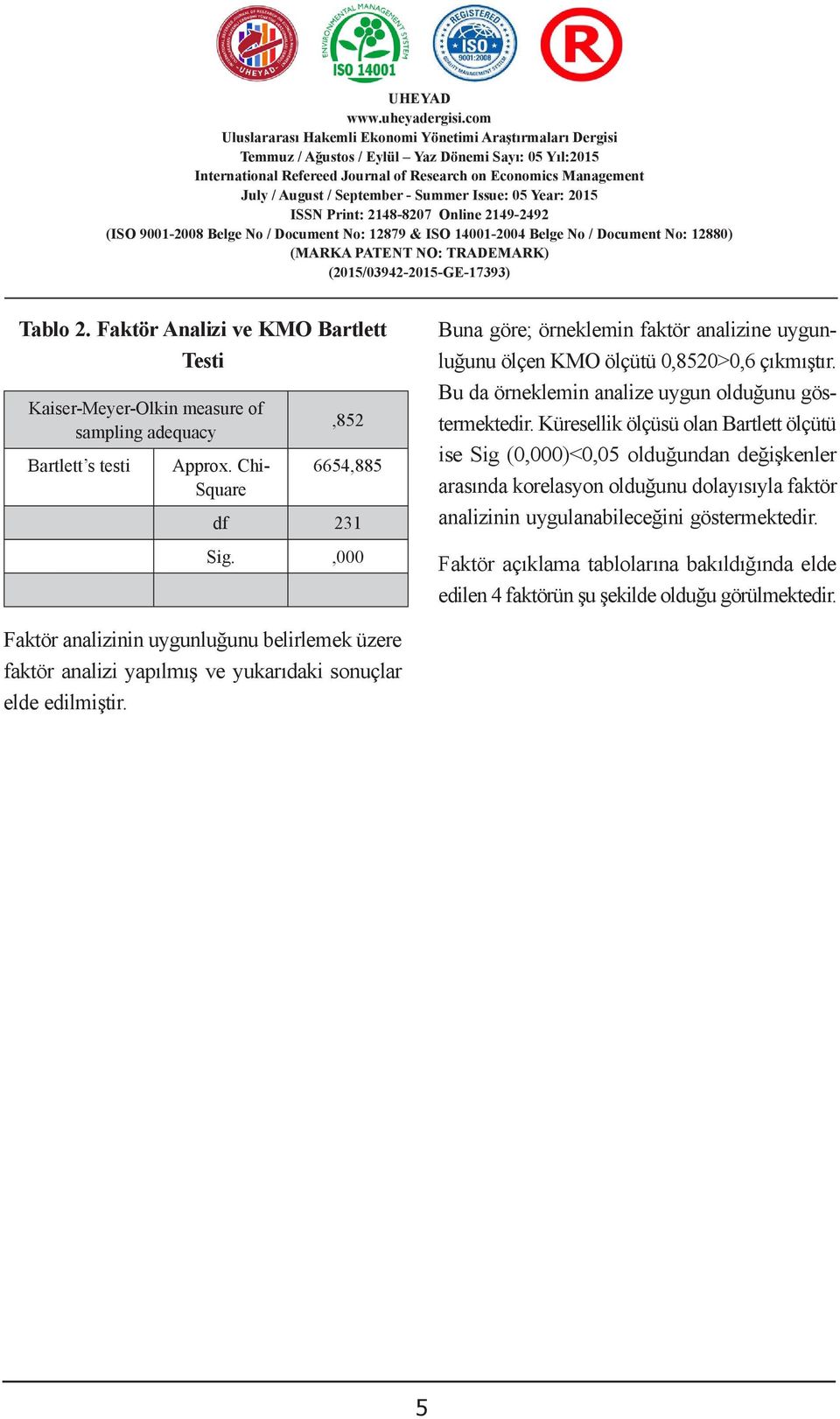 Faktör Analizi ve KMO Bartlett Testi Kaiser-Meyer-Olkin measure of,852 sampling adequacy Bartlett s testi Approx.