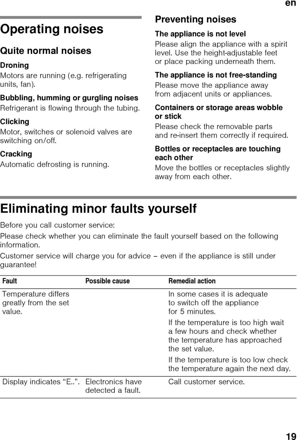 Use the height-adjustable feet or place packing underneath them. The appliance is not free-standing Please move the appliance away from adjacent units or appliances.