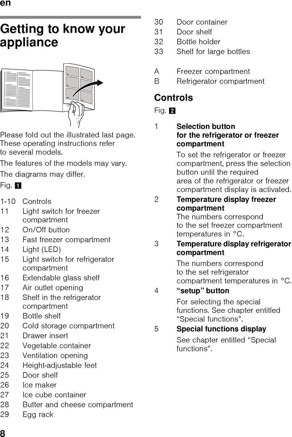 1 1-10 Controls 11 Light switch for freezer compartment 12 On/Off button 13 Fast freezer compartment 14 Light (LED) 15 Light switch for refrigerator compartment 16 Extendable glass shelf 17 Air