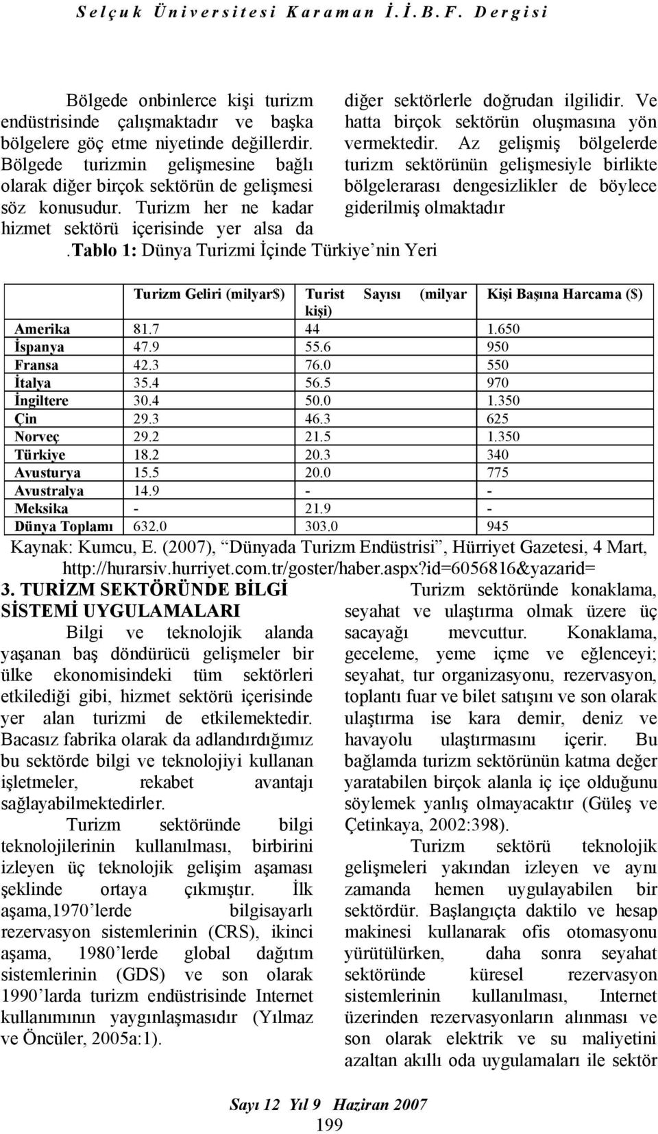 tablo 1: Dünya Turizmi İçinde Türkiye nin Yeri diğer sektörlerle doğrudan ilgilidir. Ve hatta birçok sektörün oluşmasına yön vermektedir.