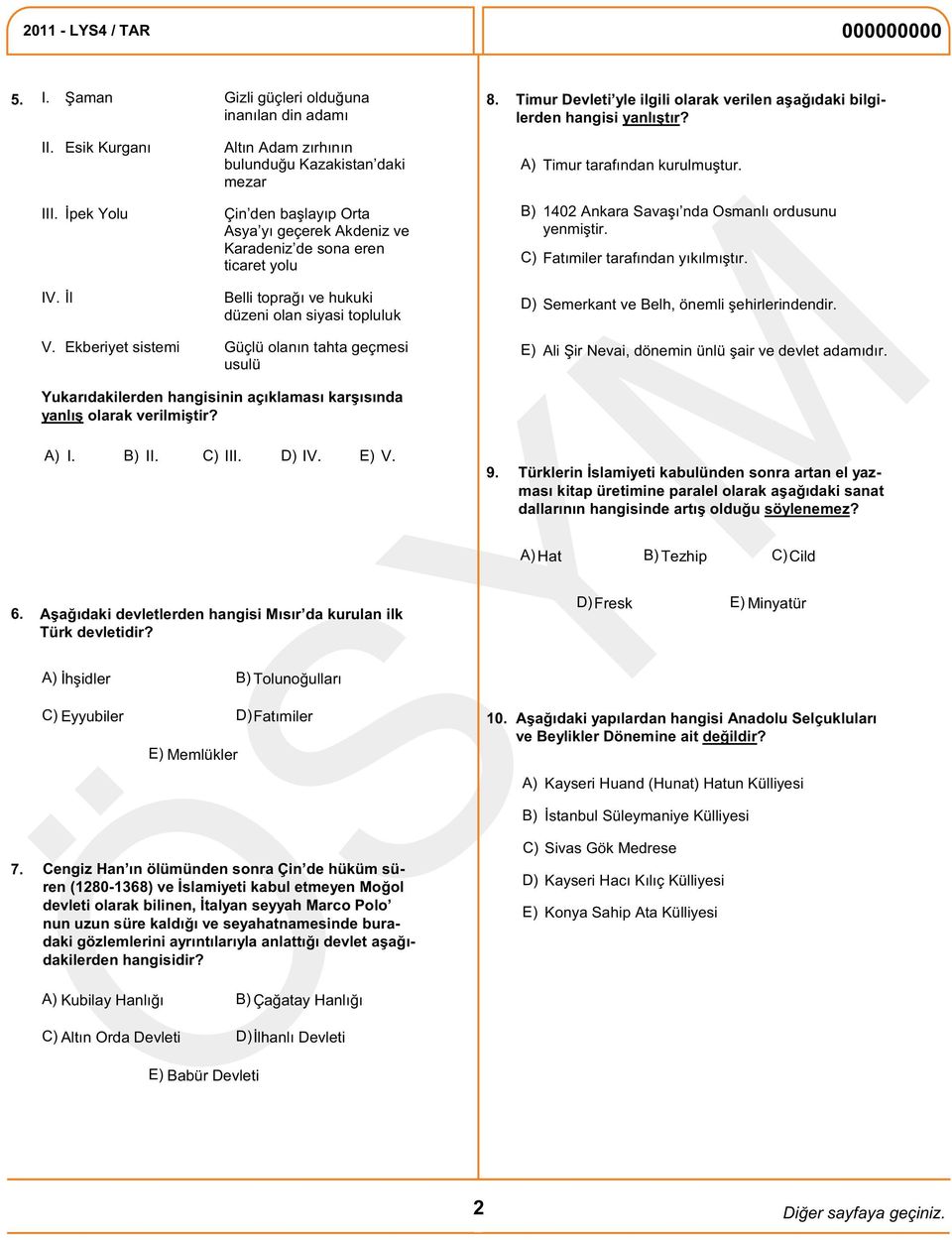 Ekberiyet sistemi Güçlü olanın tahta geçmesi usulü Yukarıdakilerden hangisinin açıklaması karşısında yanlış olarak verilmiştir? A) I. B) II. C) III. D) IV. E) V.