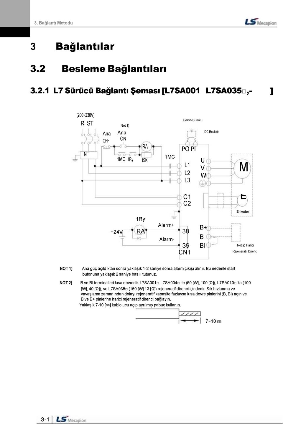 1 L7 Sürücü Bağlantı Şeması [L7SA001 L7SA035,- ] (200~230V) R ST Not 1) NF Ana OFF Ana ON 1MC 1Ry RA 1SK 1Ry 1MC Servo Sürücü PO PI L1 L2 L3 C1 C2 U V W Alarm+ B+ +24V RA 38 Alarm- B 39 BI CN1 DC