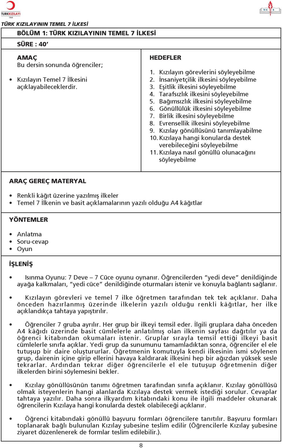 Gönüllülük ilkesini söyleyebilme 7. Birlik ilkesini söyleyebilme 8. Evrensellik ilkesini söyleyebilme 9. K z lay gönüllüsünü tan mlayabilme 10.