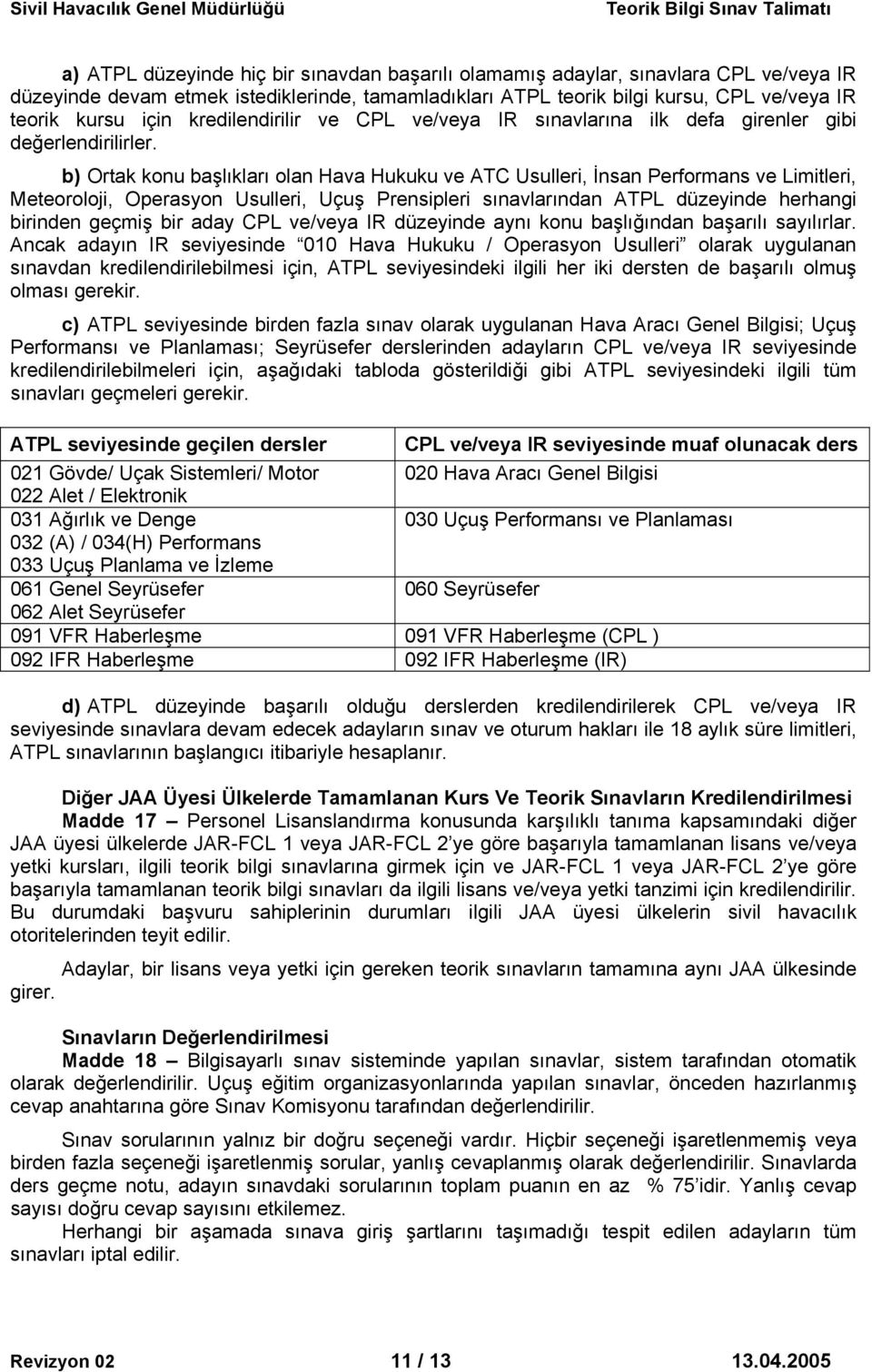 b) Ortak konu başlıkları olan Hava Hukuku ve ATC Usulleri, İnsan Performans ve Limitleri, Meteoroloji, Operasyon Usulleri, Uçuş Prensipleri sınavlarından ATPL düzeyinde herhangi birinden geçmiş bir