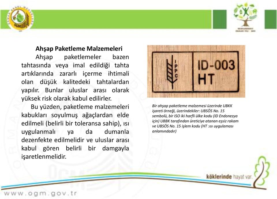 Bu yüzden, paketleme malzemeleri kabukları soyulmuş ağaçlardan elde edilmeli (belirli bir toleransa sahip), ısı uygulanmalı ya da dumanla dezenfekte edilmelidir ve uluslar arası