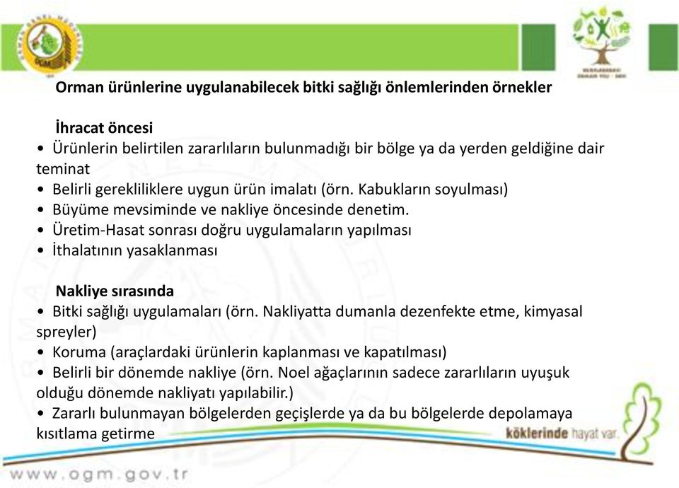 Üretim-Hasat sonrası doğru uygulamaların yapılması İthalatının yasaklanması Nakliye sırasında Bitki sağlığı uygulamaları (örn.