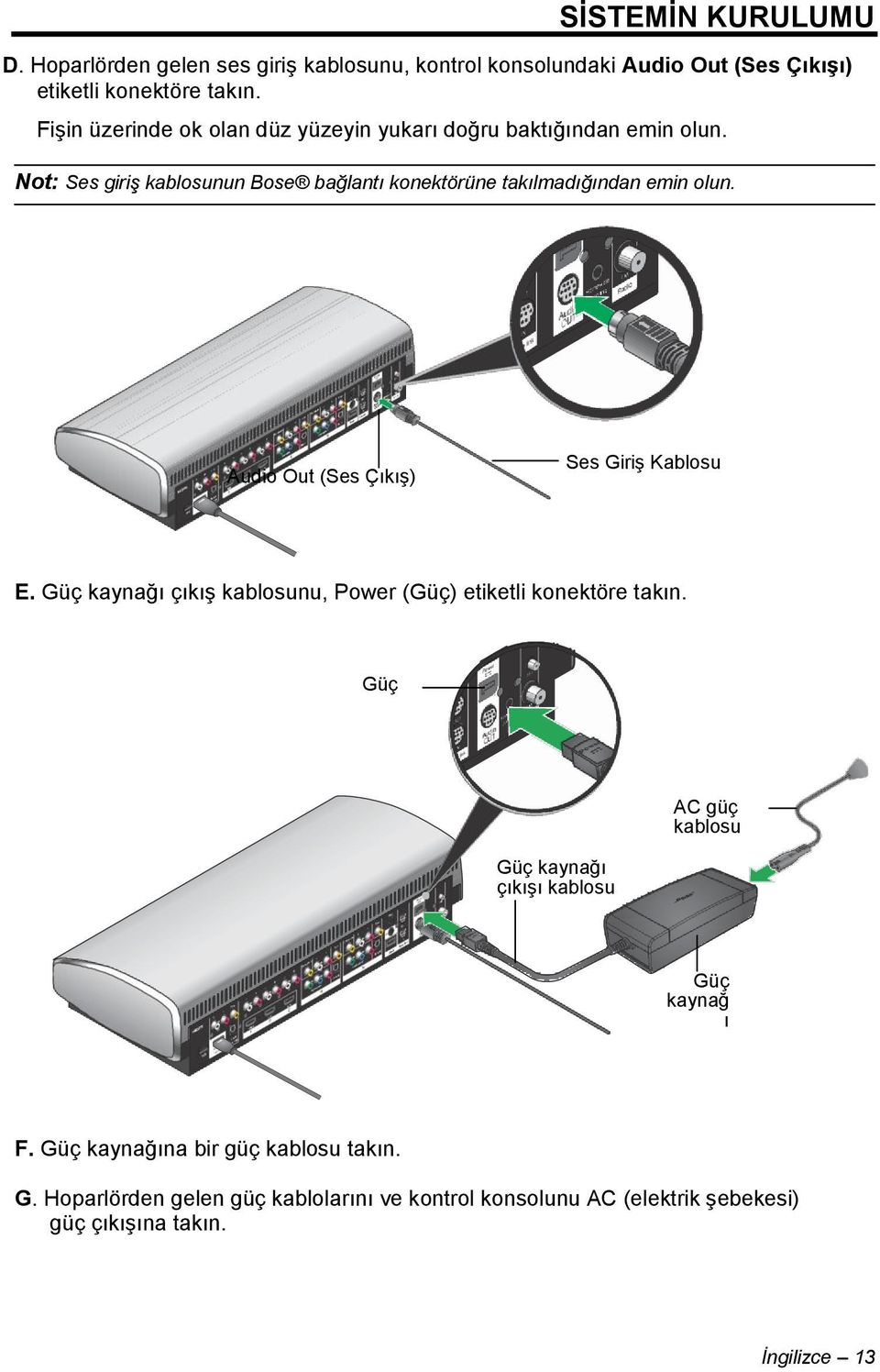 Audio Out (Ses ÇıkıĢ) Ses GiriĢ Kablosu E. Güç kaynağı çıkıģ kablosunu, Power (Güç) etiketli konektöre takın.