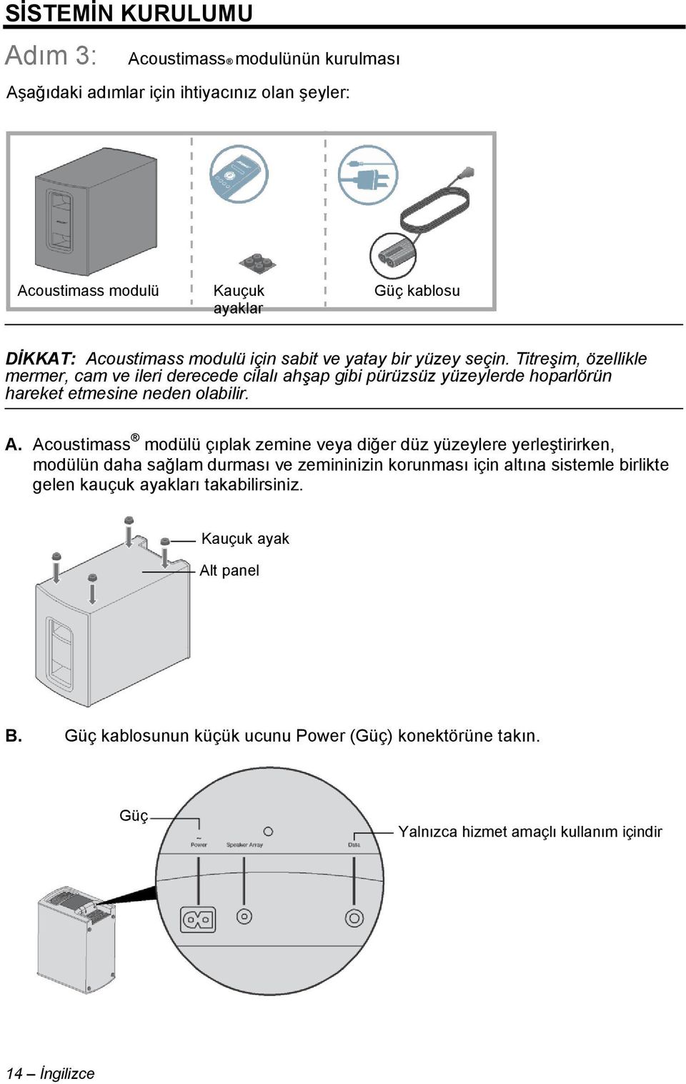 Titreşim, özellikle mermer, cam ve ileri derecede cilalı ahşap gibi pürüzsüz yüzeylerde hoparlörün hareket etmesine neden olabilir. A.