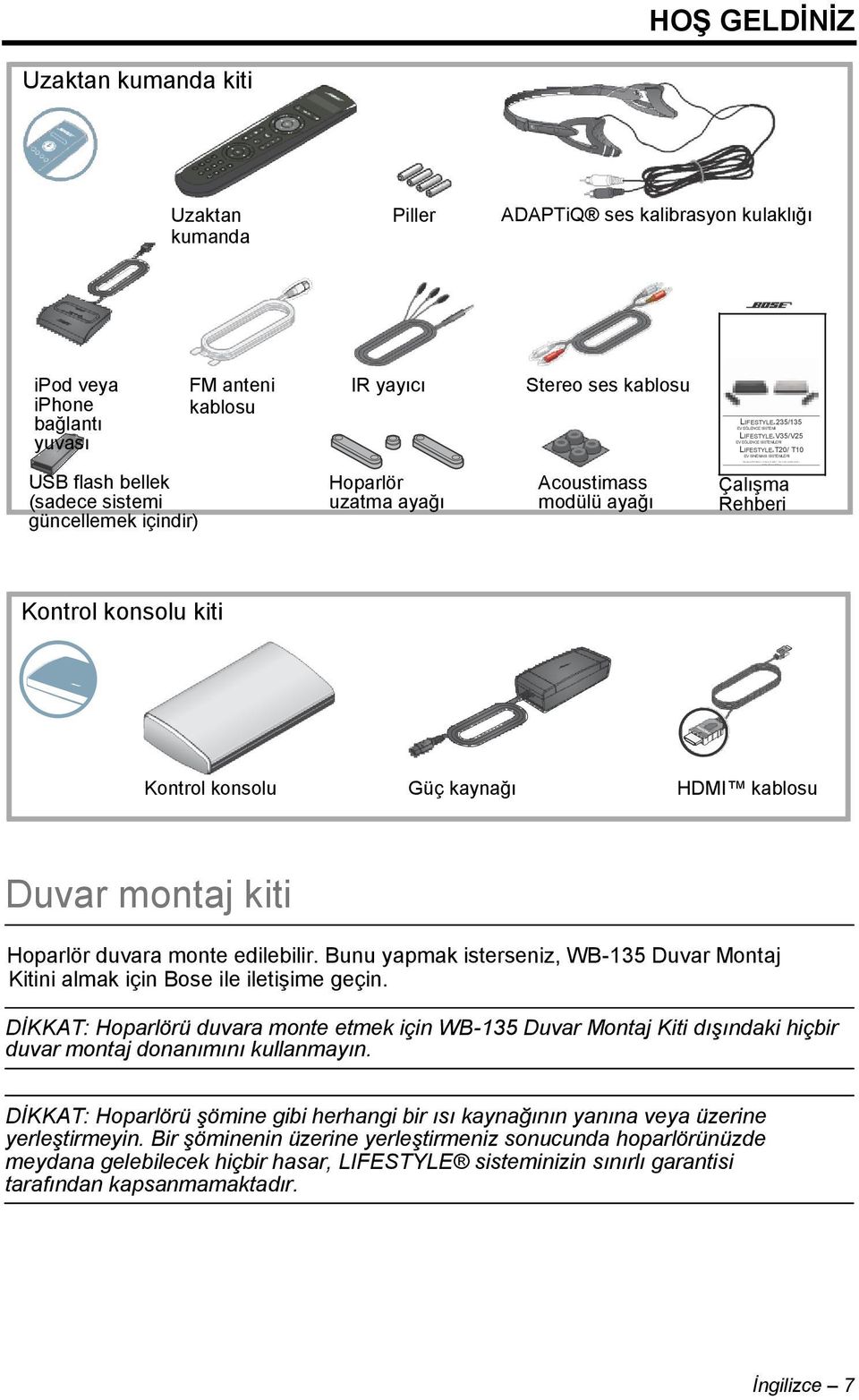 sistemi güncellemek içindir) Hoparlör uzatma ayağı Acoustimass modülü ayağı ÇalıĢma Rehberi Kontrol konsolu kiti Kontrol konsolu Güç kaynağı HDMI kablosu Duvar montaj kiti Hoparlör duvara monte