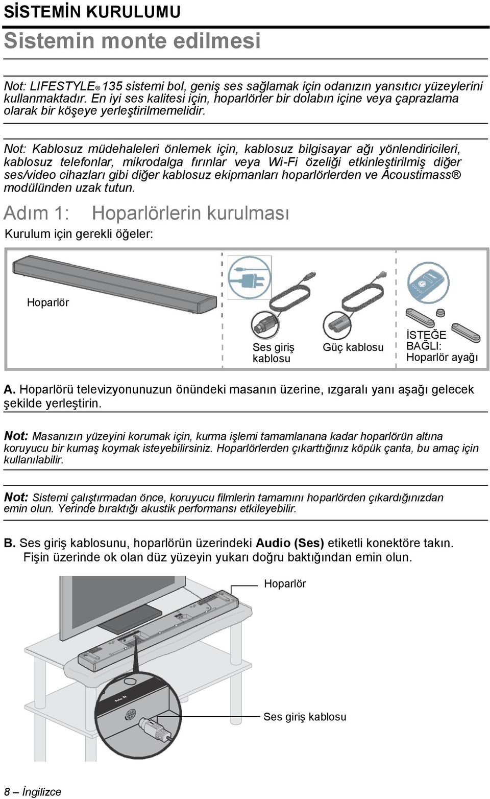 Not: Kablosuz müdehaleleri önlemek için, kablosuz bilgisayar ağı yönlendiricileri, kablosuz telefonlar, mikrodalga fırınlar veya Wi-Fi özeliği etkinleştirilmiş diğer ses/video cihazları gibi diğer