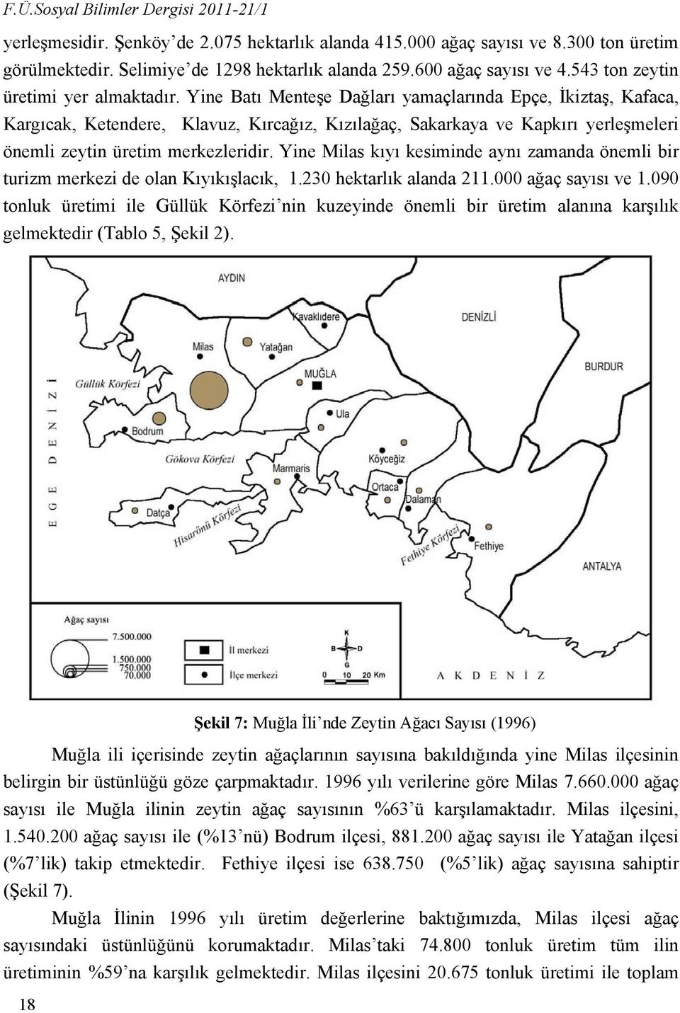 Yine Batı Menteşe Dağları yamaçlarında Epçe, İkiztaş, Kafaca, Kargıcak, Ketendere, Klavuz, Kırcağız, Kızılağaç, Sakarkaya ve Kapkırı yerleşmeleri önemli zeytin üretim merkezleridir.