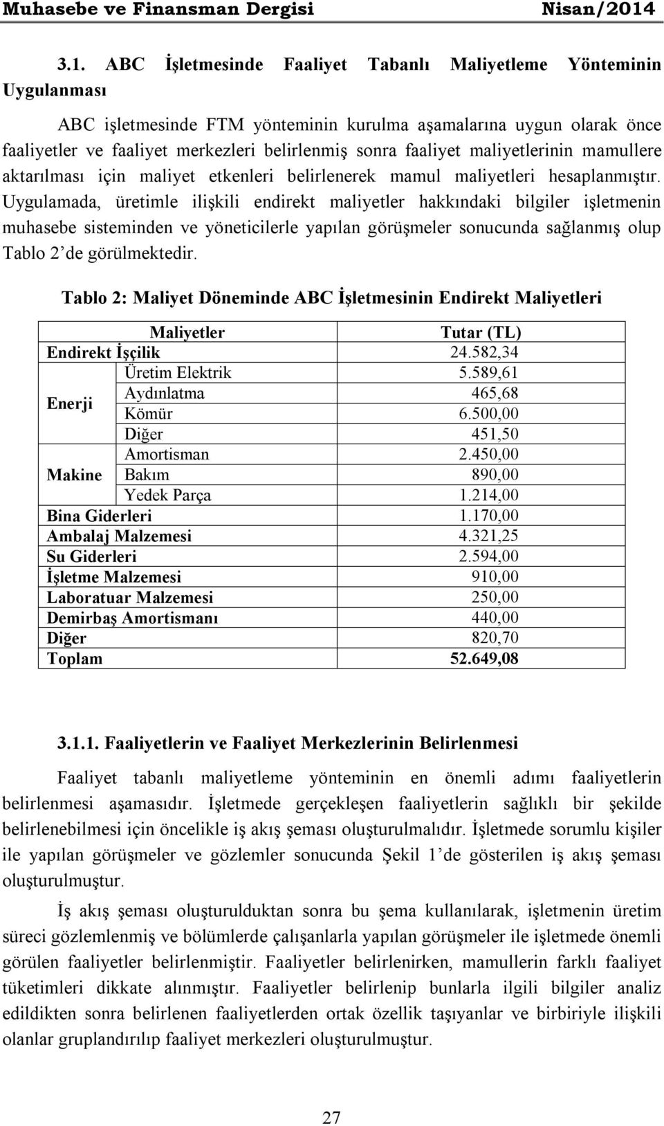 Uygulamada, üretimle ilişkili endirekt maliyetler hakkındaki bilgiler işletmenin muhasebe sisteminden ve yöneticilerle yapılan görüşmeler sonucunda sağlanmış olup Tablo 2 de görülmektedir.