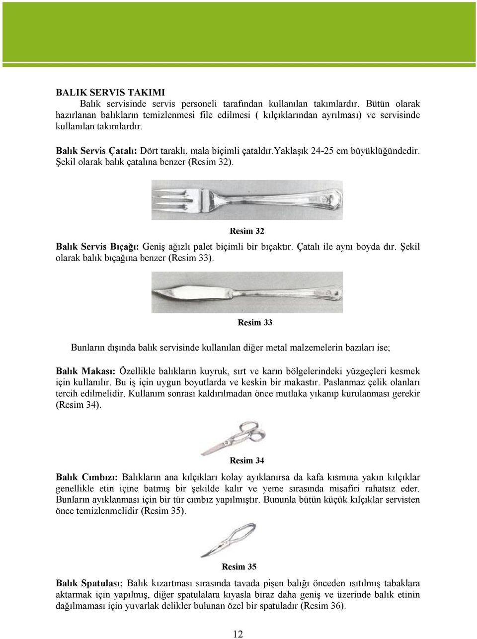 yaklaşık 24-25 cm büyüklüğündedir. Şekil olarak balık çatalına benzer (Resim 32). Resim 32 Balık Servis Bıçağı: Geniş ağızlı palet biçimli bir bıçaktır. Çatalı ile aynı boyda dır.