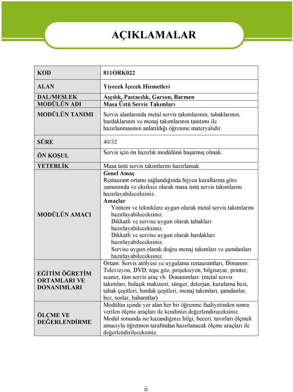SÜRE 40/32 ÖN KOŞUL YETERLİK MODÜLÜN AMACI EĞİTİM ÖĞRETİM ORTAMLARI VE DONANIMLARI ÖLÇME VE DEĞERLENDİRME Servis için ön hazırlık modülünü başarmış olmak. Masa üstü servis takımlarını hazırlamak.