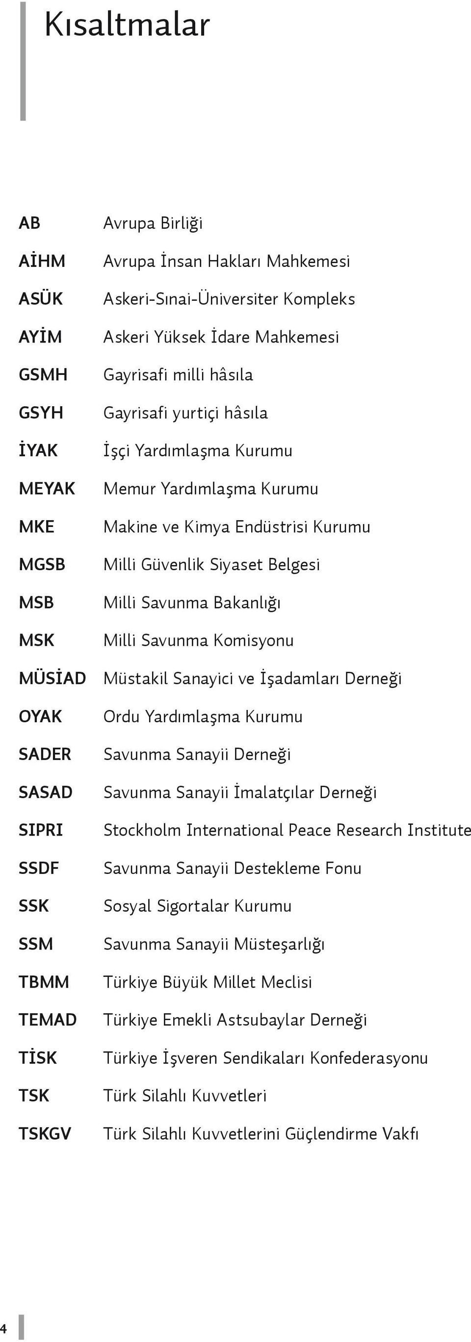 Milli Güvenlik Siyaset Belgesi Milli Savunma Bakanlığı Milli Savunma Komisyonu Müstakil Sanayici ve İşadamları Derneği Ordu Yardımlaşma Kurumu Savunma Sanayii Derneği Savunma Sanayii İmalatçılar