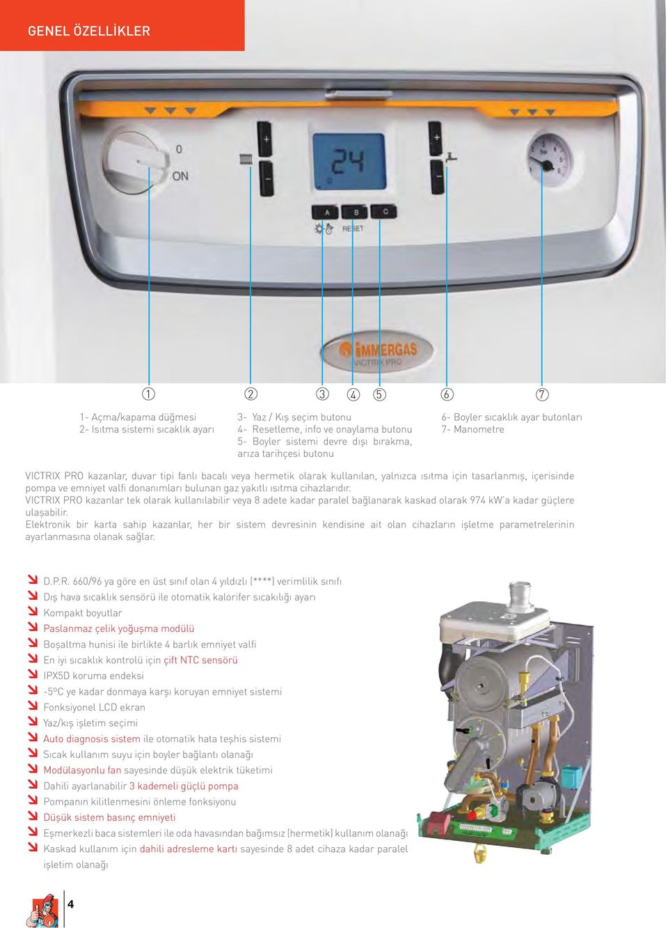 emniyet valfi donanımları bulunan gaz yakıtlı ısıtma cihazlarıdır. VICTRIX PRO kazanlar tek olarak kullanılabilir veya 8 adete kadar paralel bağlanarak kaskad olarak 974 kw a kadar güçlere ulaşabilir.